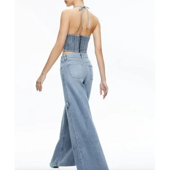 Alice + Olivia Jeans Jaymee Tie Neck Cropped Denim Halter Top Women's Sz 6 - Picture 2 of 12